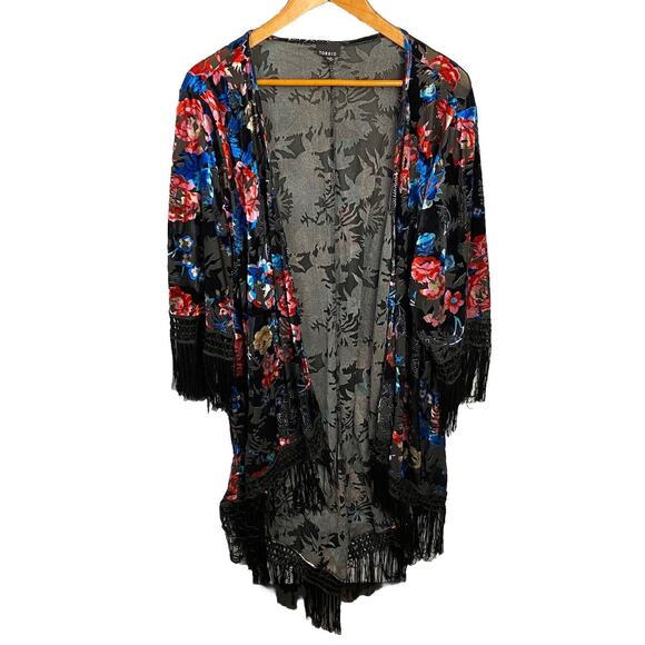 Torrid Black Velvet Burn out Size 2/3 2X/3X Floral Kimono Tassel Open Cardigan - Picture 1 of 7